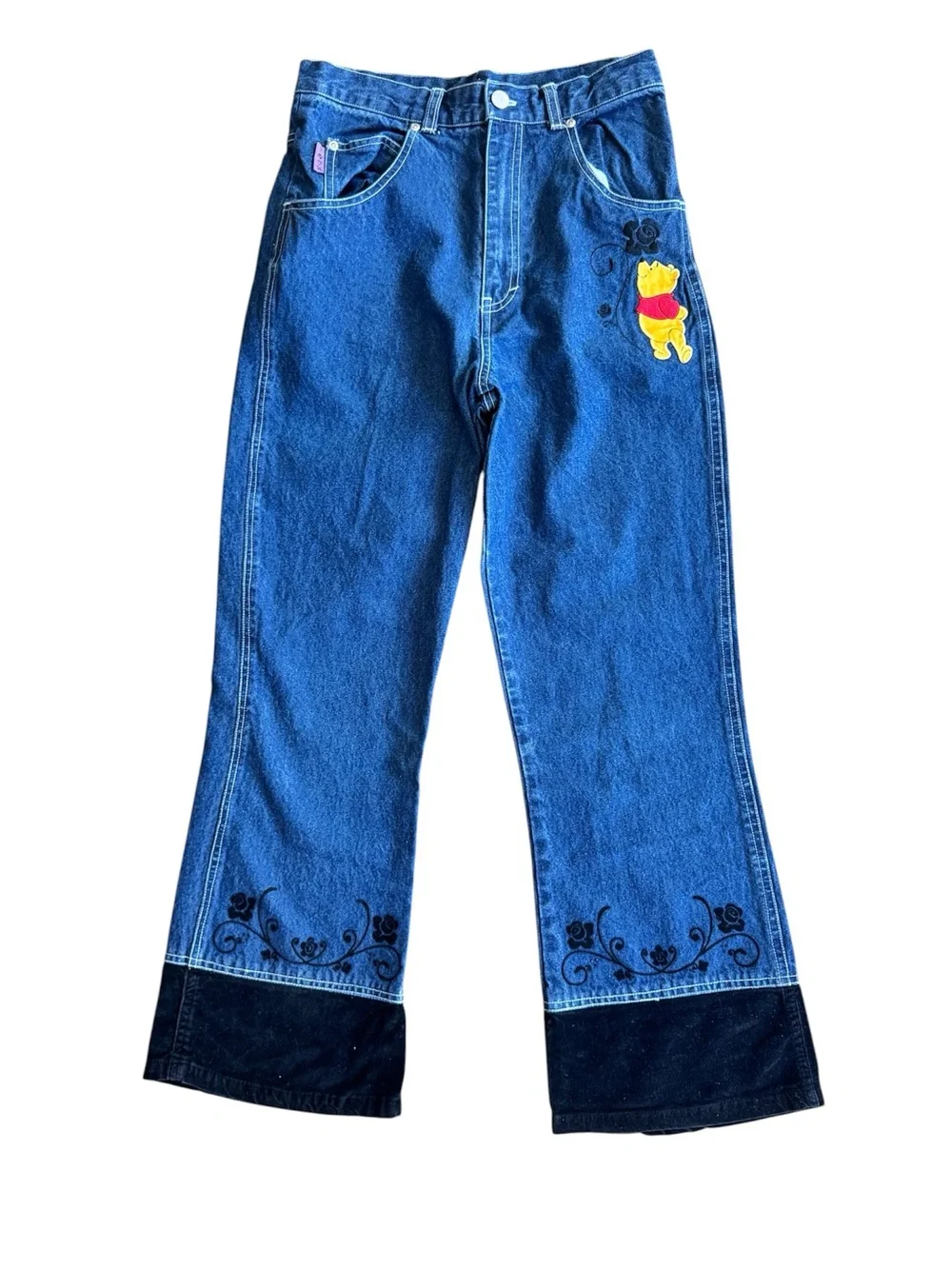 Vtg Disney Winnie the Pooh Embroidered Colorblock Velvet Cuff Jeans Girls Sz 14